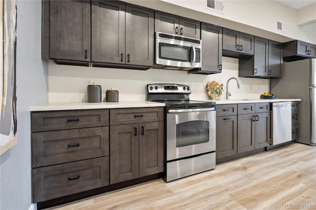 kitchen featuring appliances with stainless steel finishes, sink, dark brown cabinetry, and light hardwood / wood-style flooring