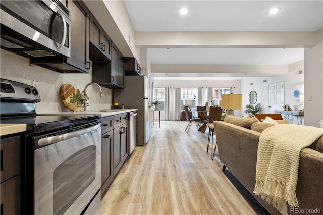 kitchen with appliances with stainless steel finishes, tasteful backsplash, sink, dark brown cabinets, and light wood-type flooring