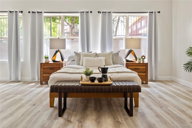 bedroom with multiple windows and light hardwood / wood-style flooring