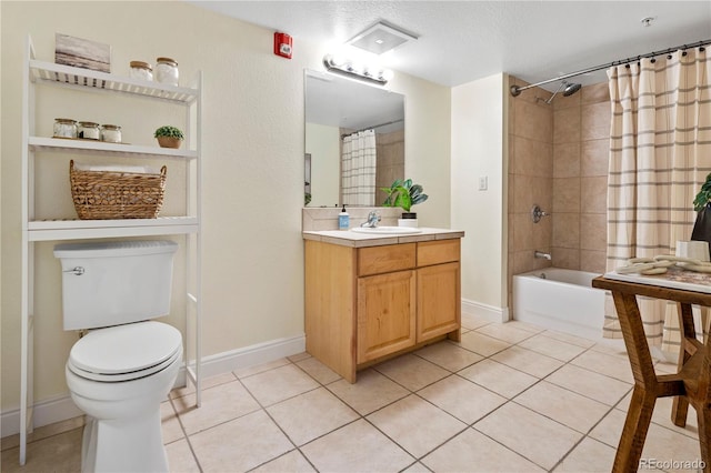 full bathroom with tile patterned flooring, vanity, shower / bathtub combination with curtain, and toilet