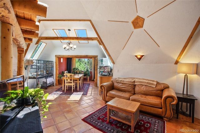 living room featuring an inviting chandelier, tile flooring, and lofted ceiling with skylight