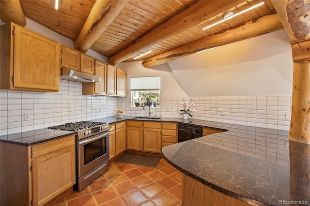 kitchen featuring stainless steel gas stove, beamed ceiling, dishwasher, backsplash, and tile floors