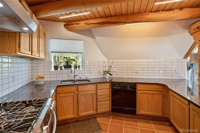 kitchen with beamed ceiling, wall chimney exhaust hood, tasteful backsplash, light tile flooring, and black dishwasher