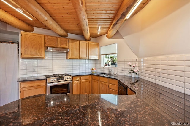 kitchen featuring beam ceiling, dark stone countertops, gas stove, backsplash, and sink