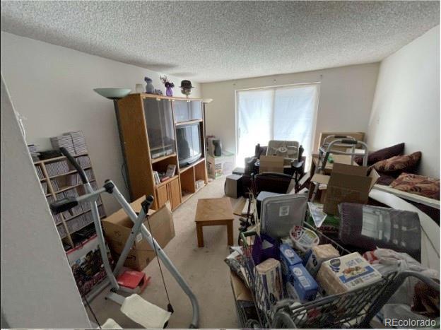 interior space with light colored carpet and a textured ceiling