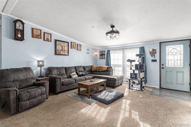 living area featuring crown molding, a textured ceiling, and baseboards