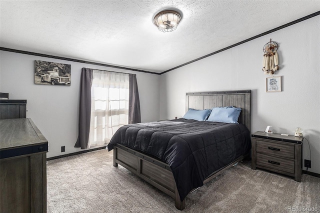 carpeted bedroom featuring a textured ceiling, baseboards, and crown molding