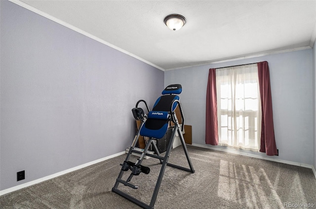 exercise room with crown molding, carpet floors, and baseboards