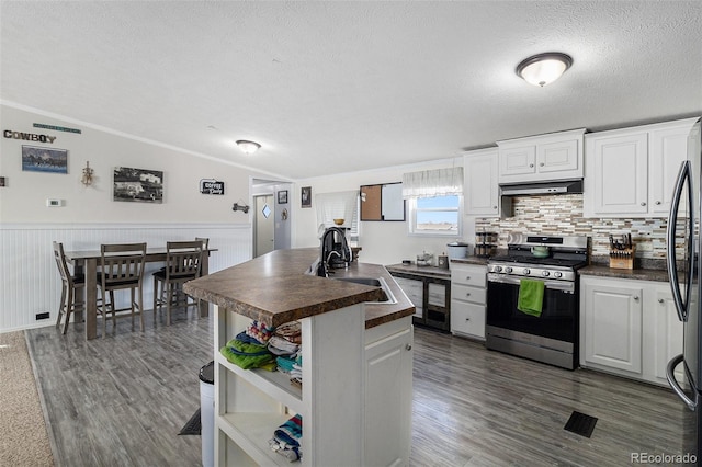 kitchen featuring wainscoting, stainless steel gas range, under cabinet range hood, open shelves, and a sink