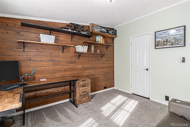 carpeted office space featuring ornamental molding, wood walls, and baseboards