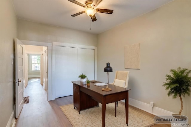575 N Marion St, Denver, CO 80218 - office area featuring wood finished floors and a ceiling fan