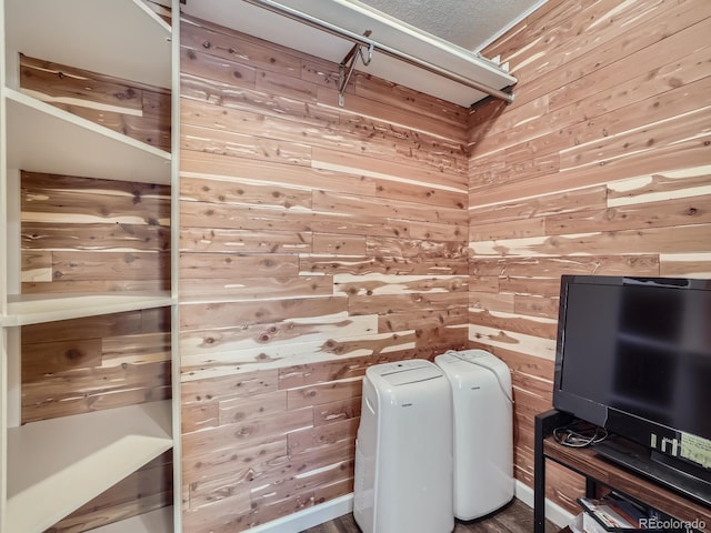 interior space featuring wooden walls