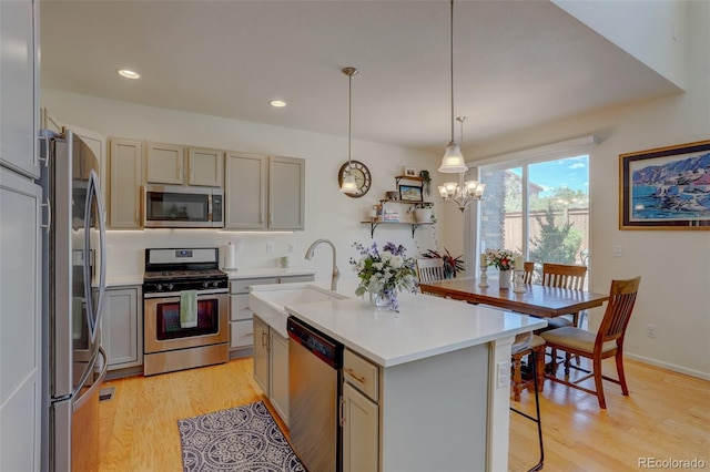 kitchen featuring stainless steel appliances, decorative light fixtures, light wood-type flooring, gray cabinets, and a kitchen island with sink