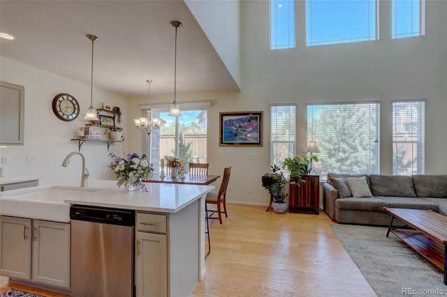 kitchen with sink, dishwasher, a chandelier, pendant lighting, and gray cabinetry