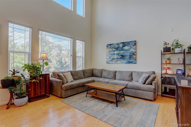 living room with light wood-type flooring and a towering ceiling