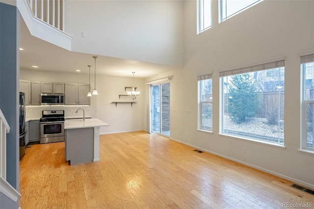 kitchen featuring stainless steel appliances, decorative light fixtures, a towering ceiling, gray cabinets, and a center island with sink