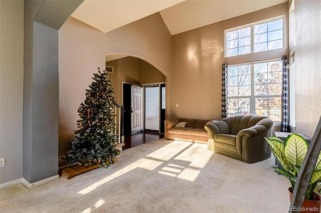 carpeted living room with plenty of natural light and a towering ceiling