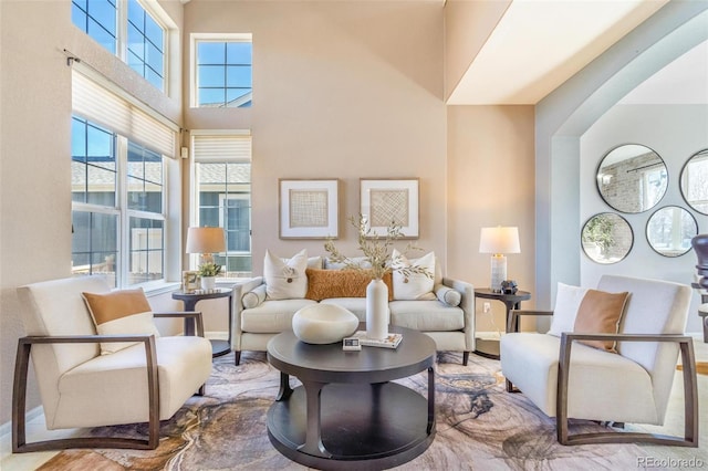 living room featuring a towering ceiling