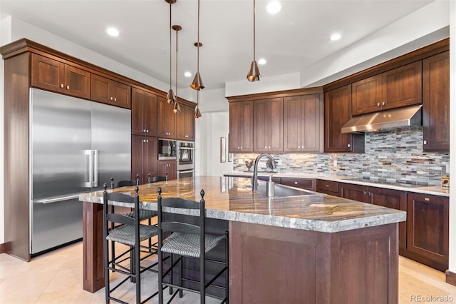 kitchen with sink, decorative light fixtures, an island with sink, stainless steel appliances, and exhaust hood