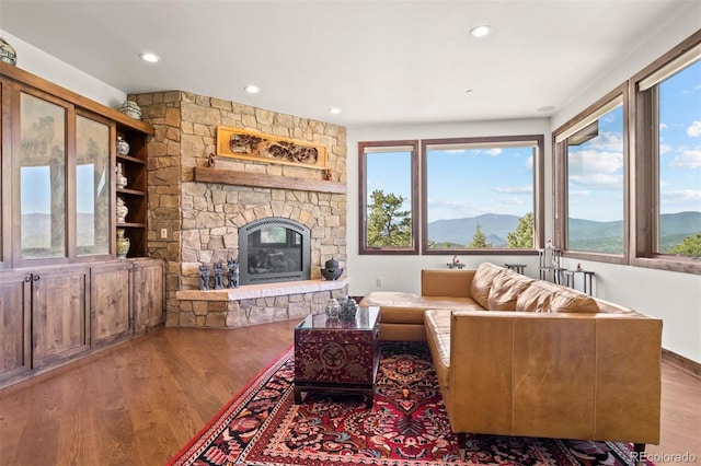 living room with a mountain view, wood-type flooring, a fireplace, and plenty of natural light