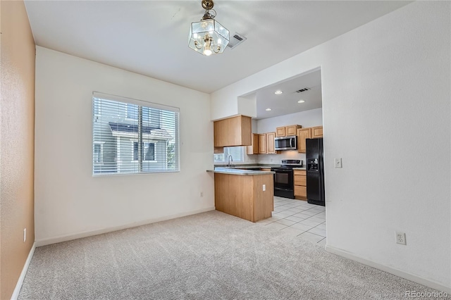 kitchen with kitchen peninsula, black appliances, light carpet, an inviting chandelier, and sink