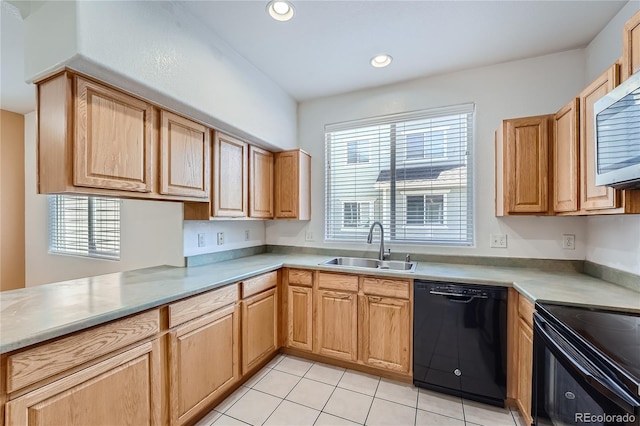 kitchen featuring light tile patterned flooring, black dishwasher, sink, and electric range oven