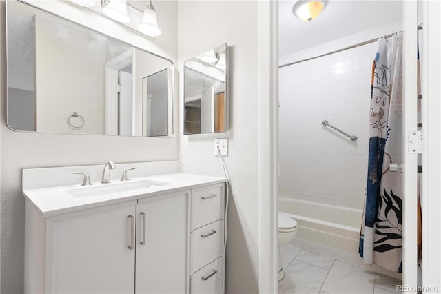 full bathroom featuring shower / tub combo, vanity, and toilet