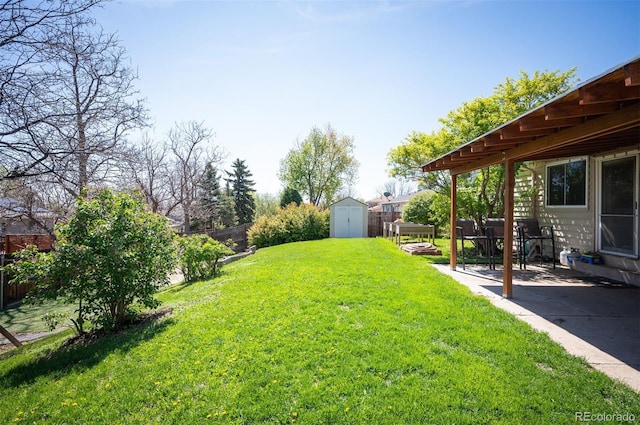 view of yard with a storage shed, a patio area, and an outbuilding