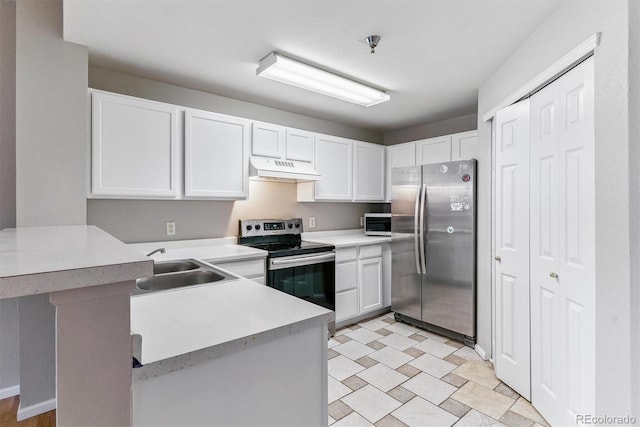 kitchen with a peninsula, under cabinet range hood, white cabinets, a sink, and appliances with stainless steel finishes