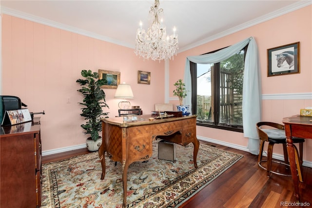 office space featuring dark hardwood / wood-style floors, a notable chandelier, and ornamental molding