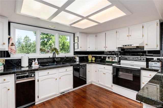 kitchen featuring white electric stove, sink, dishwasher, dark hardwood / wood-style flooring, and custom range hood