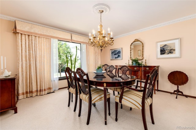 carpeted dining room with ornamental molding and a notable chandelier