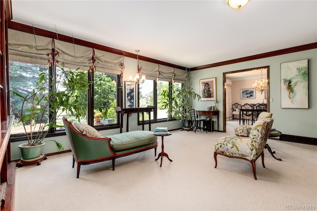 carpeted living room featuring a chandelier and ornamental molding