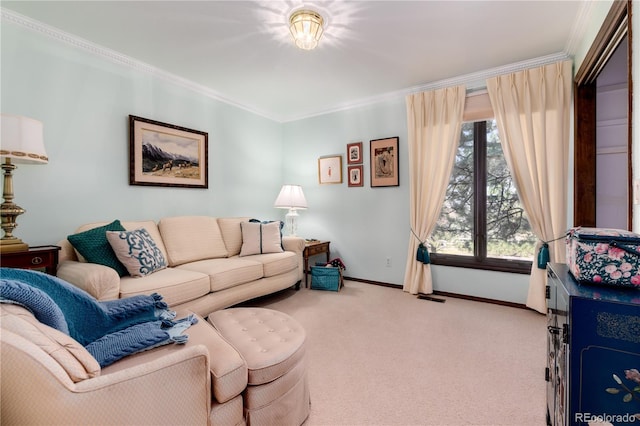 living room with ornamental molding and carpet