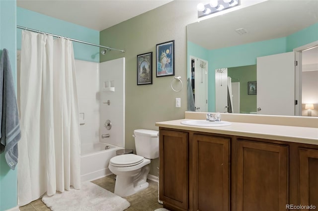 full bath with toilet, shower / tub combo, tile patterned flooring, and vanity