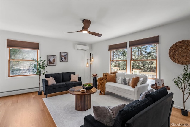 4185 Red Rock Dr, Larkspur, CO 80118 - living area with a wall mounted air conditioner, a baseboard heating unit, a ceiling fan, light wood-style flooring, and baseboards