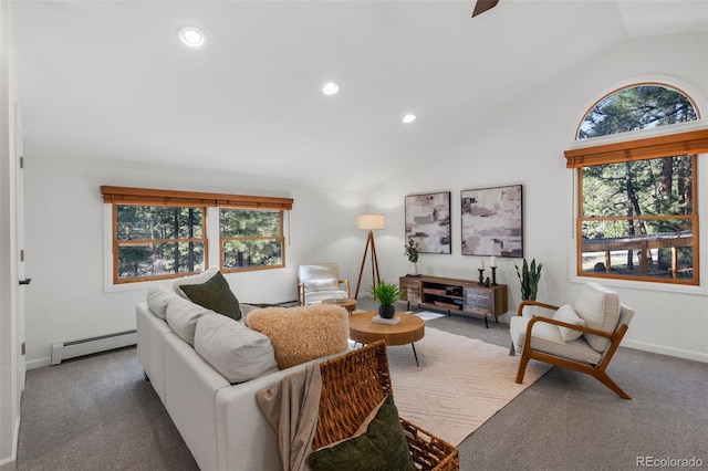 4185 Red Rock Dr, Larkspur, CO 80118 - carpeted living room featuring a baseboard heating unit, vaulted ceiling, healthy amount of natural light, recessed lighting, and baseboards