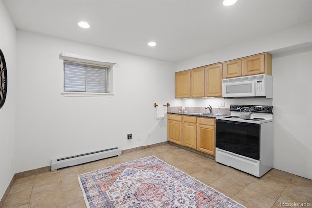 4185 Red Rock Dr, Larkspur, CO 80118 - kitchen with electric range oven, a baseboard heating unit, white microwave, light tile patterned floors, and recessed lighting