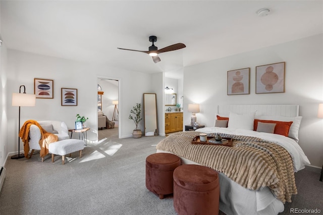 4185 Red Rock Dr, Larkspur, CO 80118 - bedroom with light colored carpet, baseboards, ceiling fan, and ensuite bathroom