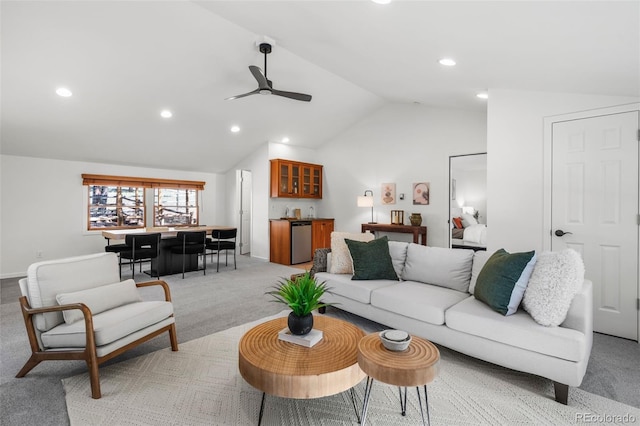 4185 Red Rock Dr, Larkspur, CO 80118 - living room featuring bar with sink, light colored carpet, ceiling fan, vaulted ceiling, and recessed lighting