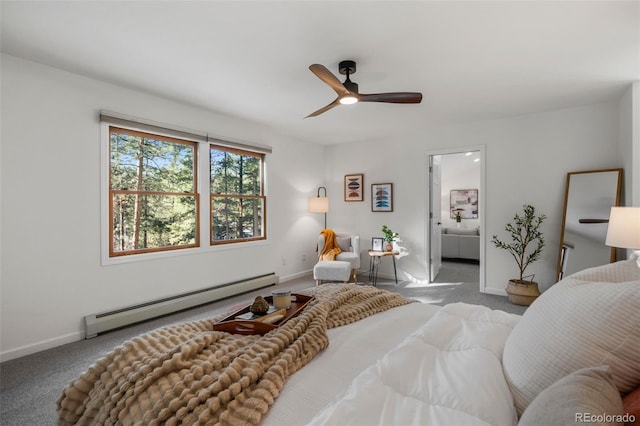 4185 Red Rock Dr, Larkspur, CO 80118 - carpeted bedroom featuring baseboard heating, baseboards, and ceiling fan