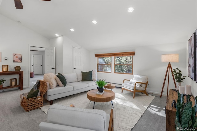 4185 Red Rock Dr, Larkspur, CO 80118 - living room with light carpet, vaulted ceiling, recessed lighting, baseboards, and ceiling fan
