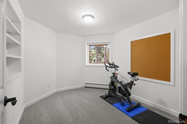 4185 Red Rock Dr, Larkspur, CO 80118 - workout area with a baseboard radiator, baseboards, and carpet