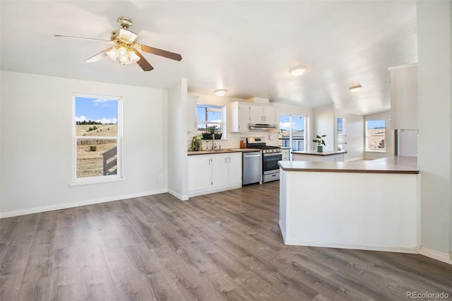 kitchen featuring white cabinets, stainless steel appliances, kitchen peninsula, and a healthy amount of sunlight