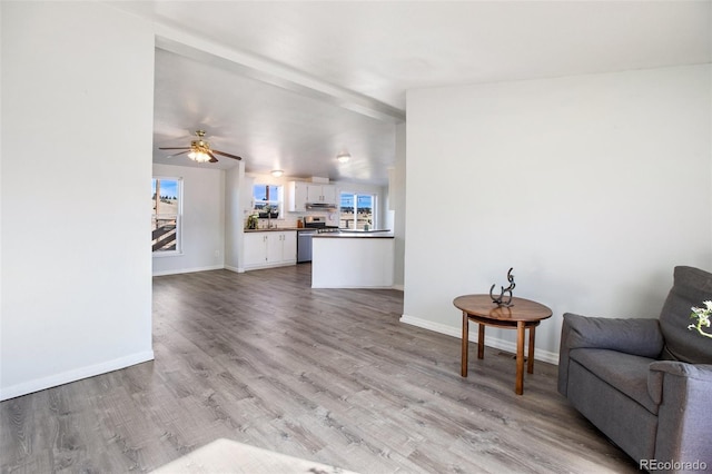 unfurnished living room with light hardwood / wood-style flooring and ceiling fan