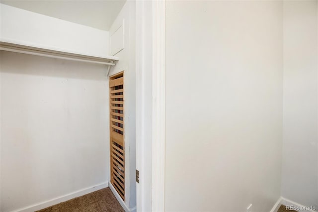 walk in closet with dark carpet