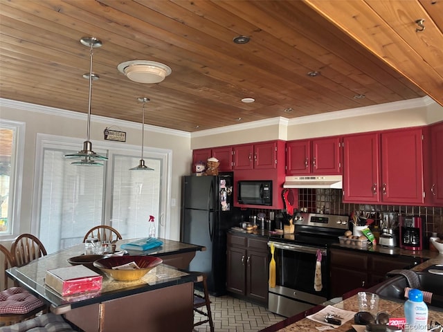 kitchen featuring under cabinet range hood, black appliances, and crown molding