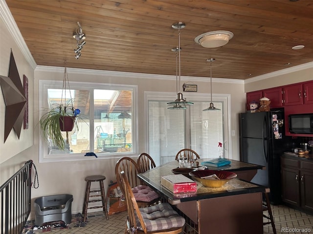 dining space with wood ceiling, crown molding, and brick floor