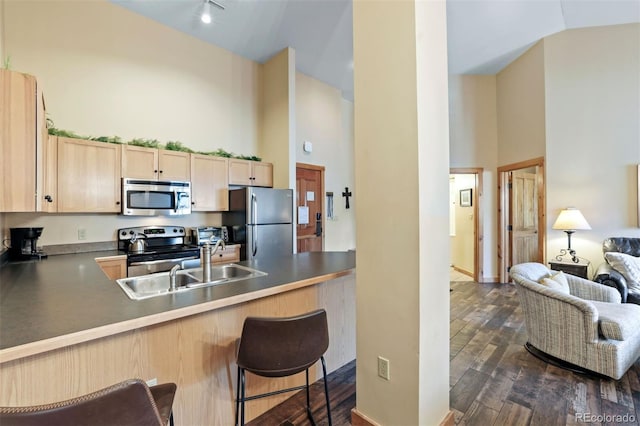 kitchen with high vaulted ceiling, a kitchen breakfast bar, kitchen peninsula, stainless steel appliances, and light brown cabinets