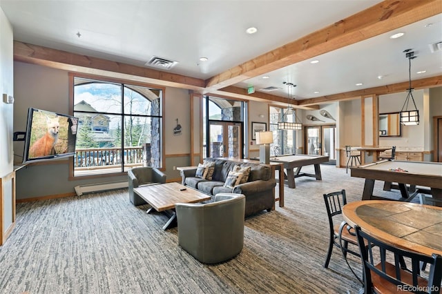 interior space featuring beamed ceiling, a baseboard heating unit, and billiards